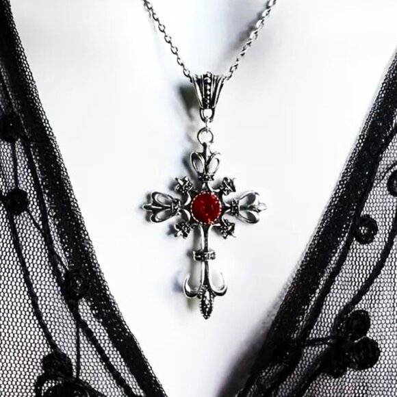 Ornate Cross Pendant Necklace Silver Magic Goth Crystal Fleur de lis Spiritual - Picture 1 of 5